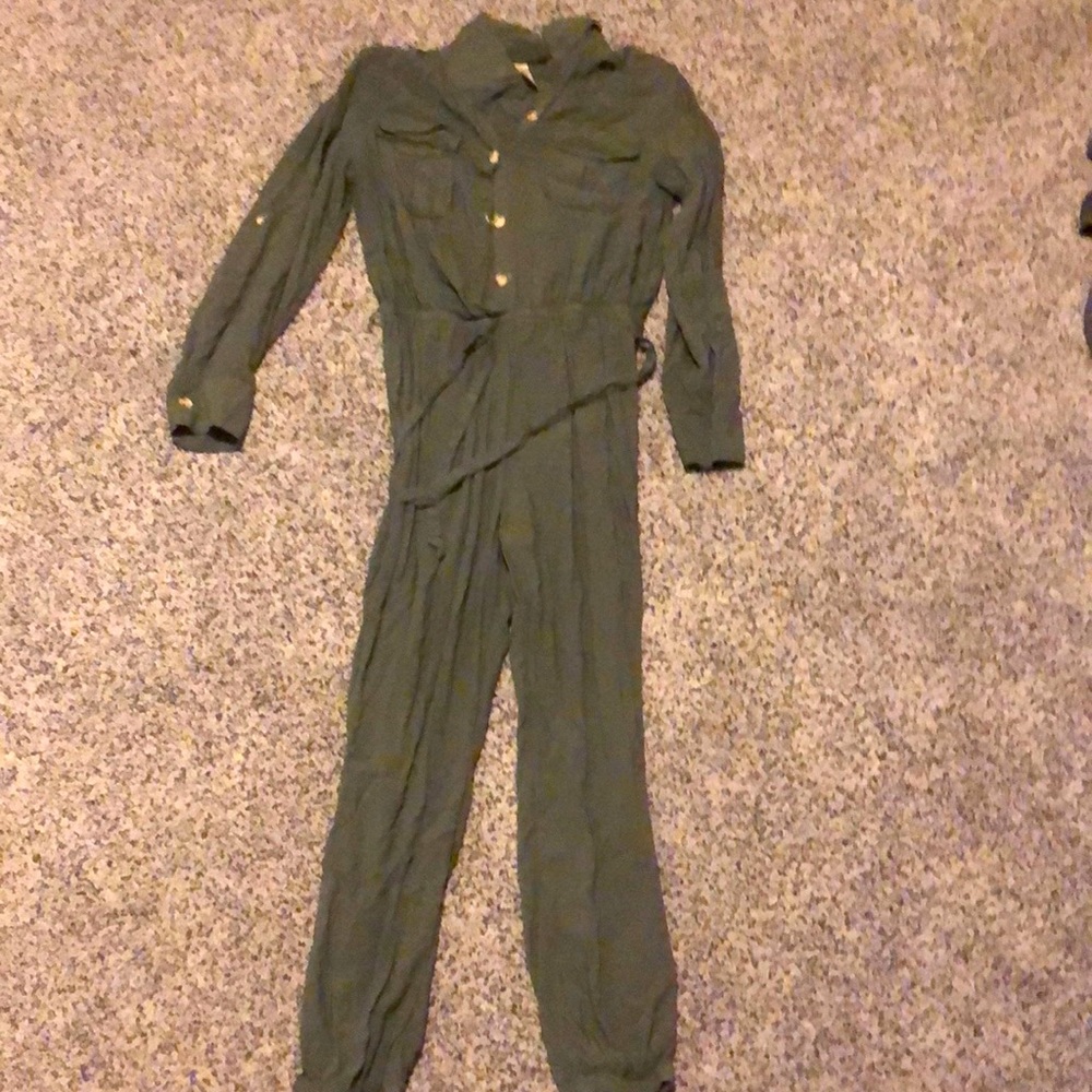 Olive green button-up jumpsuit
